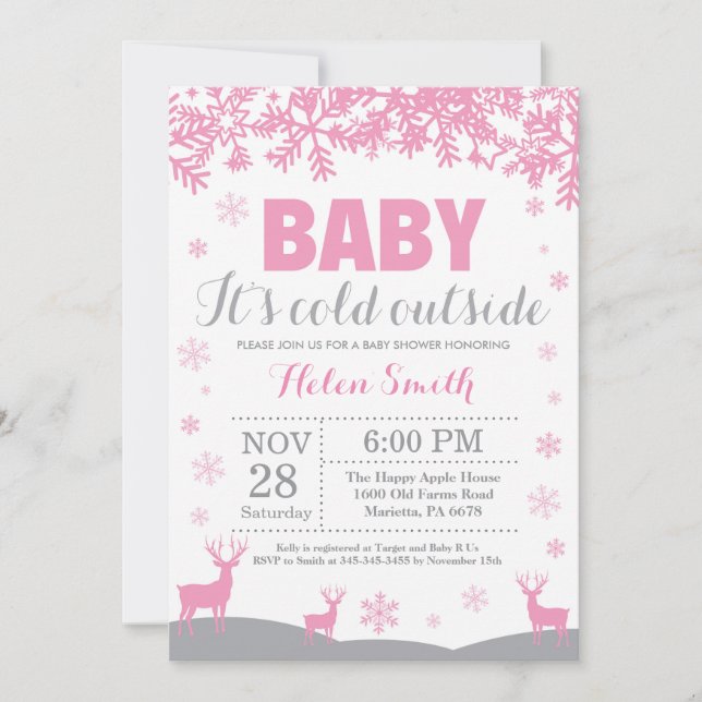 Convite Festa de Bebê Menina Rena Frio Fora Bebê (Frente)
