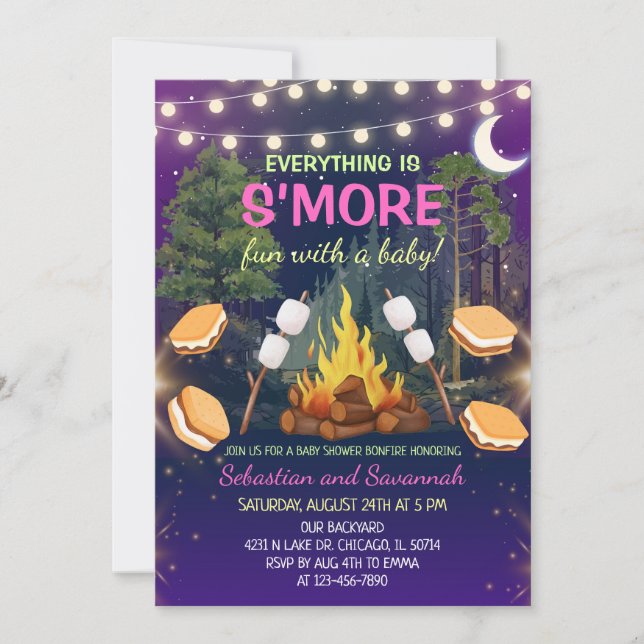 Convite Festa de Bebê Meninas S'more Diversão S'mores ao r (Frente)