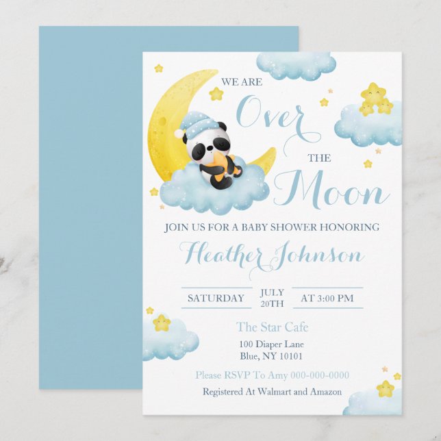 Convite Festa de Bebê Menino Urso Panda Além da Lua (Frente/Verso)