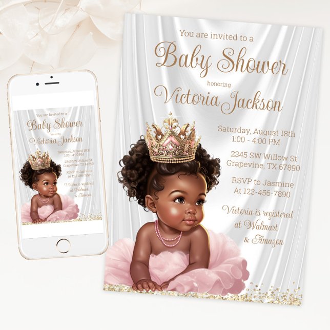 Convite Festa de Bebê Princesa Afro-Americana Rosa Dourado (Blush pink gold princess baby shower invitation. Available for instant download and print.)