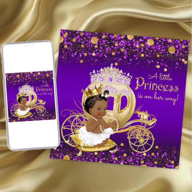 Convite Festa de Bebê Princesa Afro-Americana Roxo e Doura (Purple gold princess baby shower invitation. Instant download and printed invitations available.)