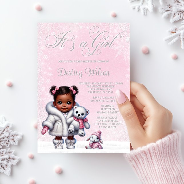 Convite Festa de Bebê Rosa Floco de Neve do Inverno Mágico (Adorable baby girl winter wonderland baby shower invitation with pink snowflake background.)