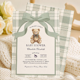 Convite Festa de Bebê Urso de Pelúcia Xadrez em Verde Sálv
