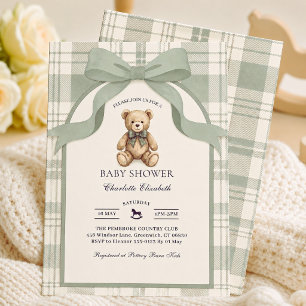 Convite Festa de Bebê Urso de Pelúcia Xadrez em Verde Sálv