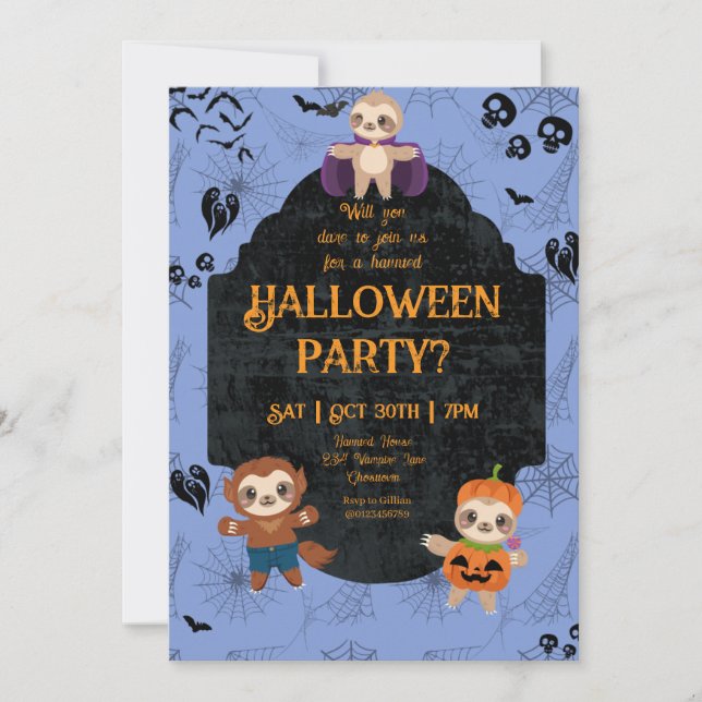 Convite Festa de Bela Halloween Sloth 1 (Frente)