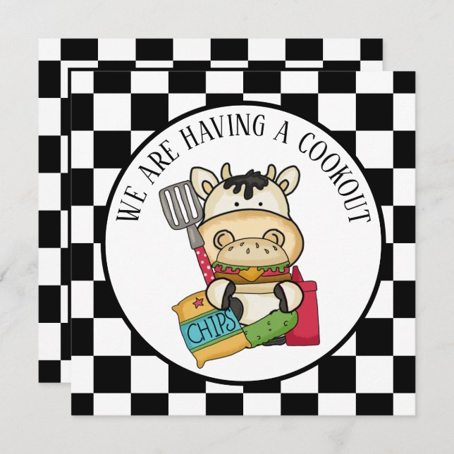 Convite festa de biscoito de vaca de hambúrguer fofo (Frente/Verso)