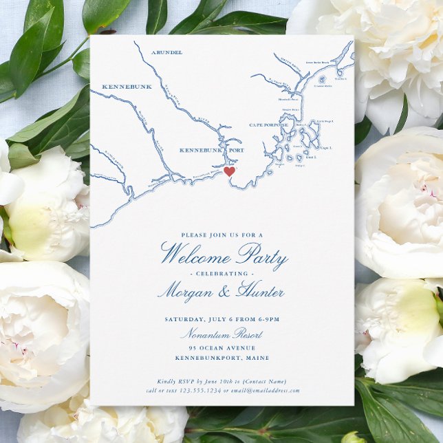 Convite Festa de Boas-Vindas de Casamento Elegante em Kenn (Kennebunkport Maine Wedding Welcome Party Invitations with elegant navy blue map )