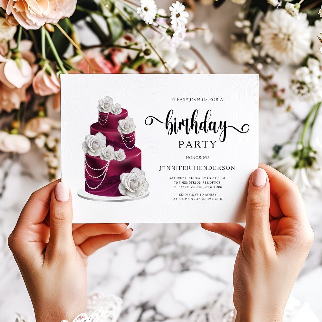 Convite Festa de Bolo de Aniversário Burgundy Elegante (Elegant Burgundy Birthday Cake Party Invitation)