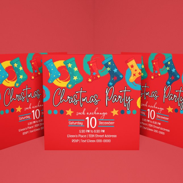 Convite Festa de Bolsa de Natal em Vermelho (Festive Red Christmas Sock Exchange Holiday party invite with blue, green, yellow and customizable. )