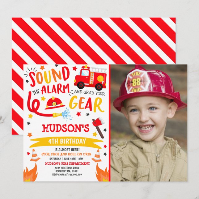 Convite Festa de Bombeiros de Aniversário do Fireman (Frente/Verso)