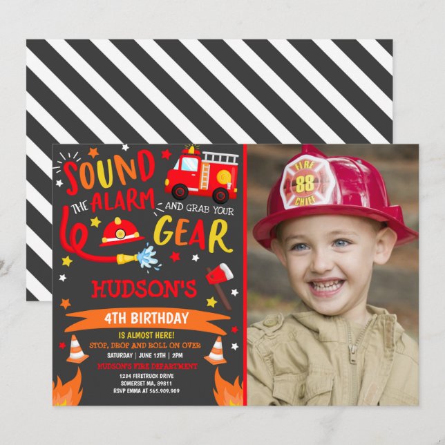 Convite Festa de Bombeiros de Aniversário do Fireman (Frente/Verso)