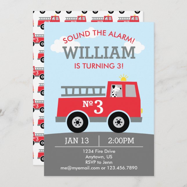 Convite Festa de Bombeiros de Aniversário do Fireman (Frente/Verso)