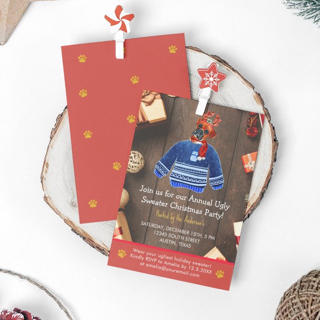 Convite Festa de Boxer Cachorro Feio de Natal (Front and Back)