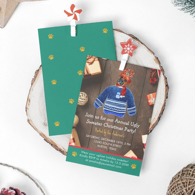 Convite Festa de Boxer Cachorro Feio de Natal (Front and Back)