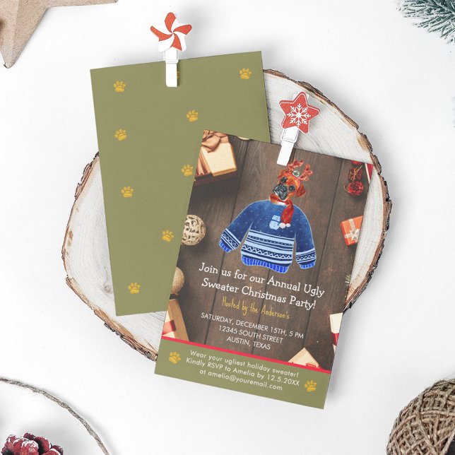 Convite Festa de Boxer Cachorro Feio de Natal (Front and Back)