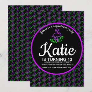 Convite Festa de Brilho de Flamingo Neon Tropical Roxo