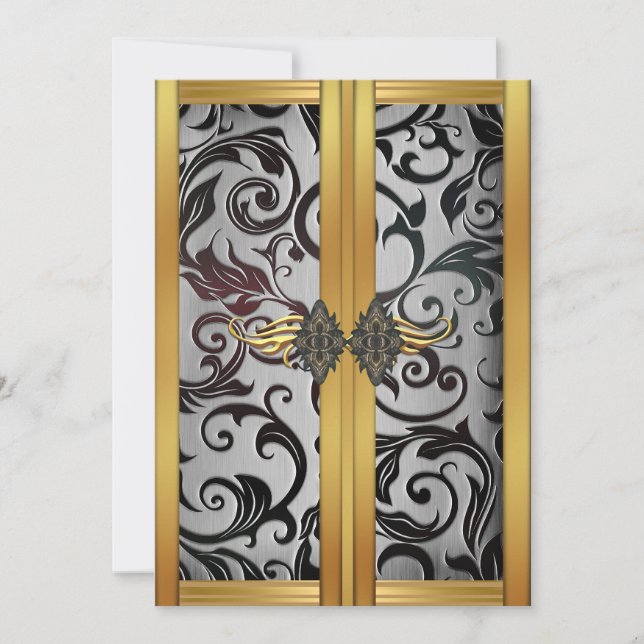 Convite Festa de Brocade de Cupboard de Prata Dourada Eleg (Frente)