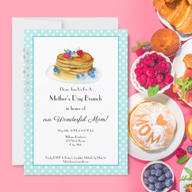 Convite Festa de Brunch de Panqueca do Dia das Mães com Aq (Celebrate your Mom with this lovely watercolor pancake brunch invitation. )