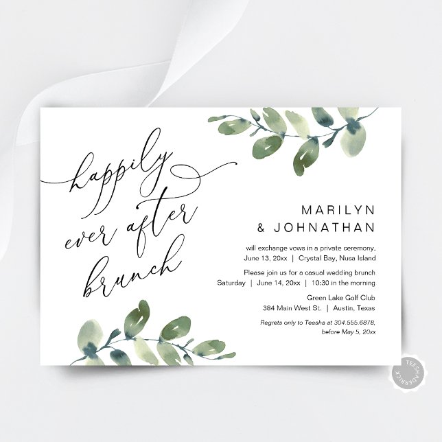 Convite Festa de Brunch Felizes para Sempre Elopement Verd (Happily Ever After Party, Elopement Dinner Invitation Card, Greenery Eucalyptus, Digital Download)