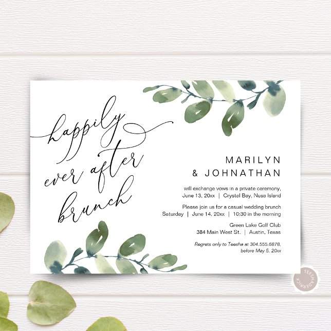 Convite Festa de Brunch Felizes para Sempre Elopement Verd (Happily Ever After Brunch, Elopement Invitation Card, Greenery Eucalyptus Themed, Digital Down)