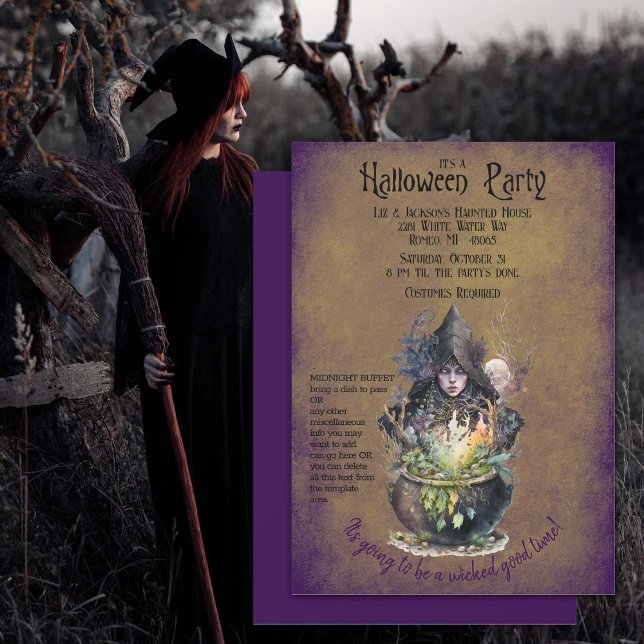 Convite Festa de Bruxas Boas e Malvadas (Wicked witch brewing up some Halloween magic on this party invitation.)