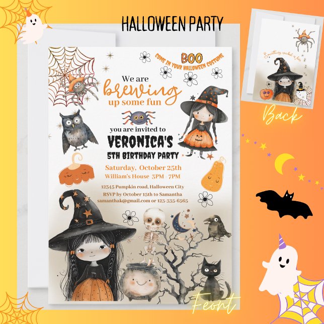 Convite Festa de Bruxas do Dia das Bruxas (Cute Witch Halloween Kids Party Invitation)