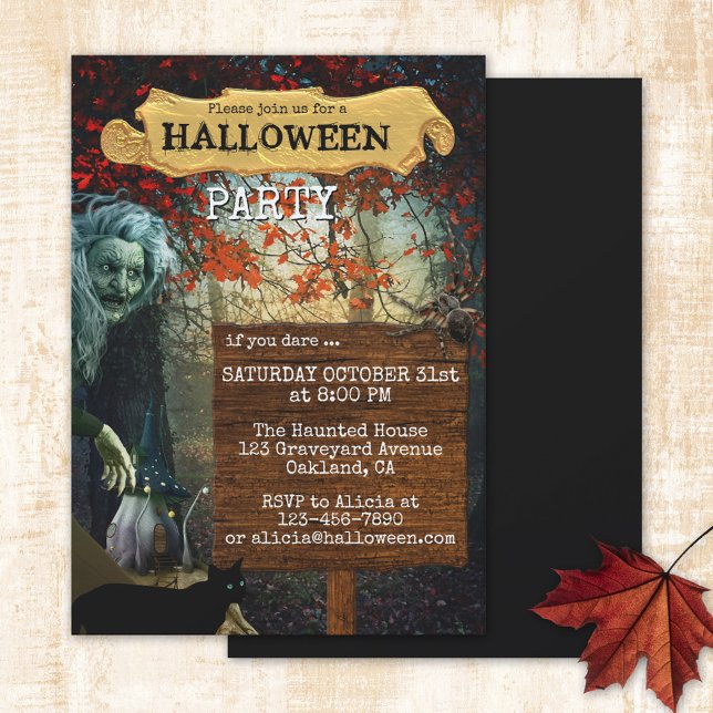 Convite Festa de Bruxas Fantasmas Escuras do Dia das Bruxa (Halloween party invitation featuring a dark forest scene with a witch, fairy home, cat and spider)