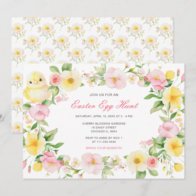 Convite Festa de Caça Floral de Ovo de Páscoa com Pintinho (Frente/Verso)