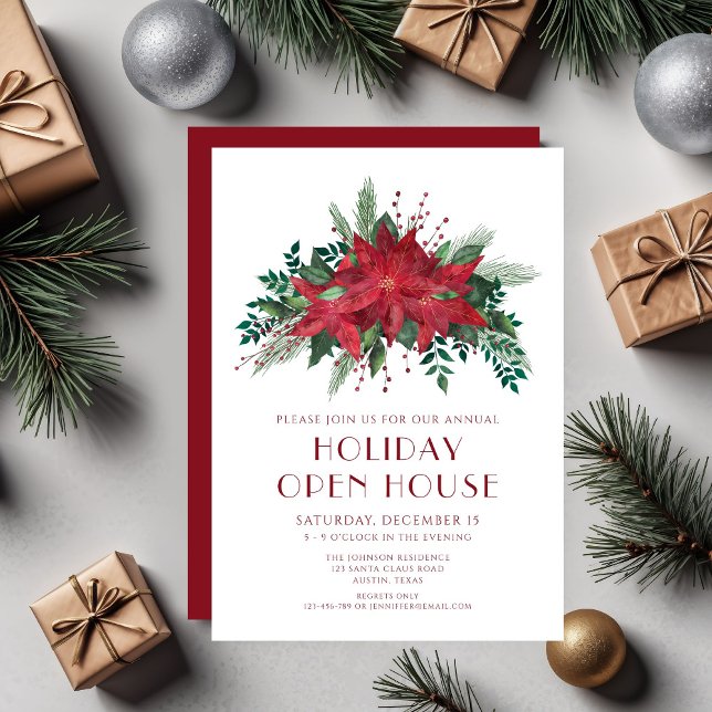 Convite Festa de Casa Aberta de Natal com Poinsettia Flora (Red Floral Poinsettia Christmas Open House Party Invitation)