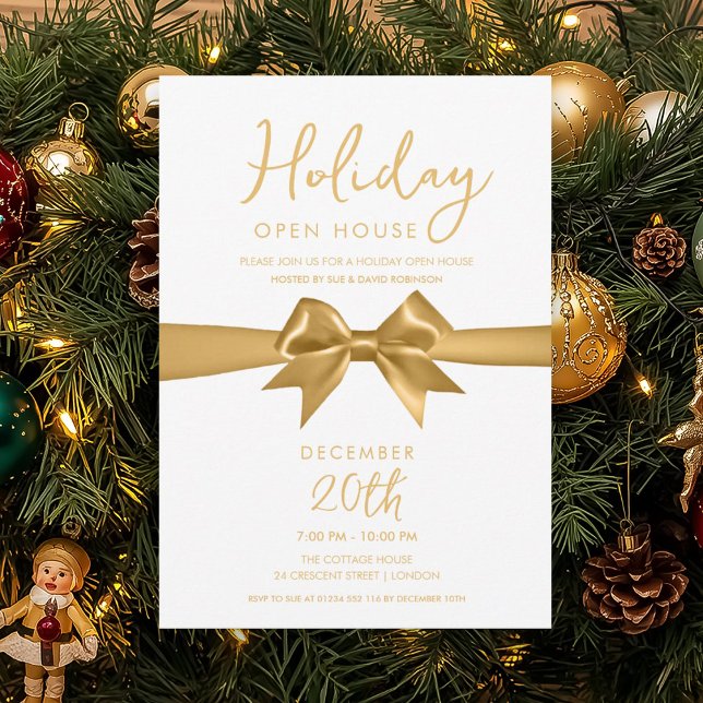Convite Festa de Casa Aberta de Natal em Dourado (Christmas Holiday Open House Gold Bow Party Invitation)
