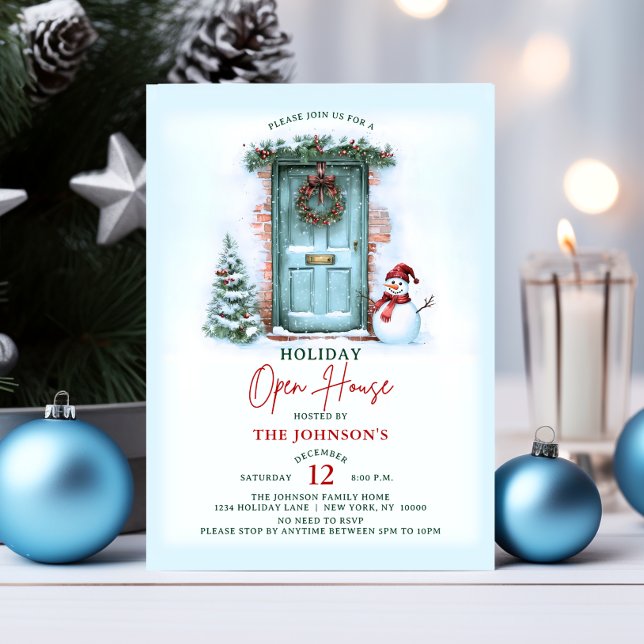 Convite Festa de Casa Aberta de Natal Feriado de Natal Sno (Christmas Wreath Holiday Open House Party Snowman Invitation)