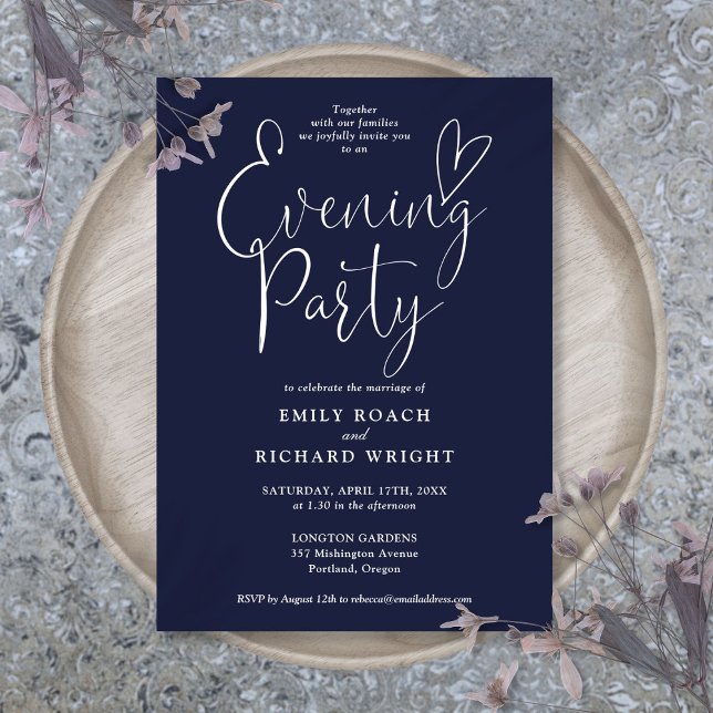 Convite Festa de Casamento Azul do Marinho de Script Elega (Elegant Script Navy Blue Wedding Evening Party Invitation)