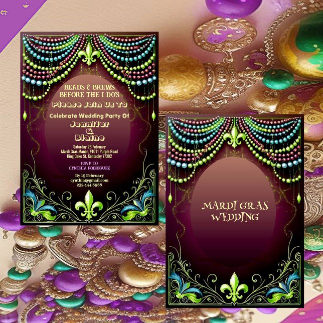 Convite Festa de casamento Bead & Breur De Lis Mardi Gras (Bead & Brews Fleur De Lis Mardi Gras Wedding Party Invitation)