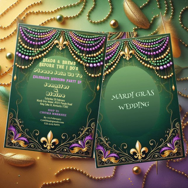 Convite Festa de casamento Bead & Breur De Lis Mardi Gras (Bead & Brews Fleur De Lis Mardi Gras Wedding Party Invitation)