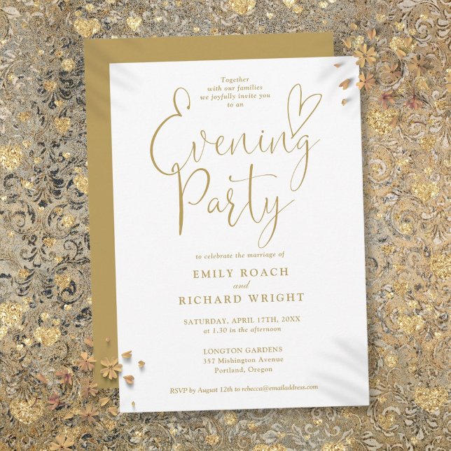 Convite Festa de Casamento com Coração de Ouro Elegante em (Elegant Gold Heart Script Wedding Evening Party Invitation)