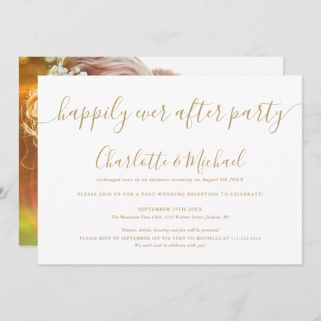 Convite Festa de casamento com foto dourada de Felizes par (Frente/Verso)