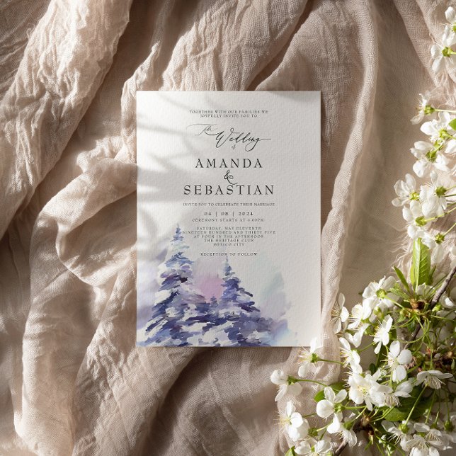 Convite Festa de casamento de neve do pinheiro roxo de inv (Criador carregado)