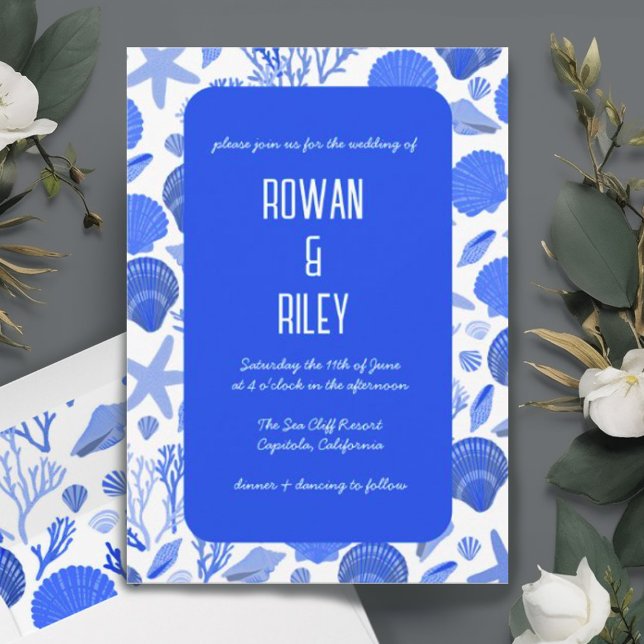 Convite Festa de Casamento de Praia Chic Pattern Chic (Blue seashell pattern custom invitation. Check out matching envelopes and RSVP cards too)