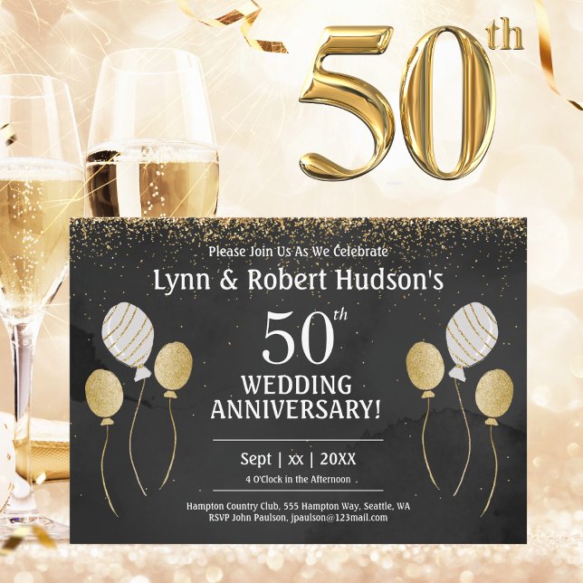 Convite festa de casamento do Ouro do 50º aniversário (50th Wedding Anniversary, Gold, Black and White Invitation)