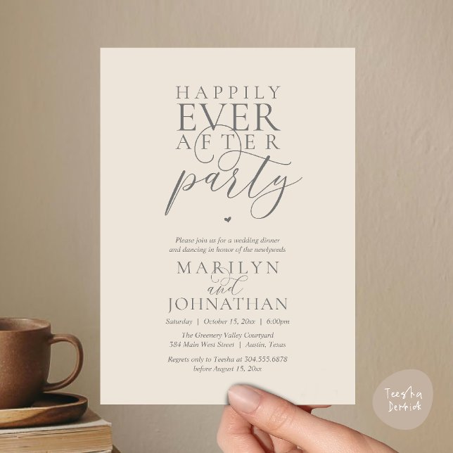 Convite Festa de Casamento e Fuga Romântica Happily Ever A (Happily Ever After Party Wedding Elopement Dinner Dancing Invitation Card in Cream Grey)