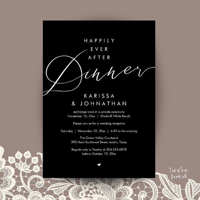 Convite Festa de Casamento e Fuga Romântica para Jantar Fe (Happily Ever After Dinner Wedding Elopement Party Invitation Card in Black and White)