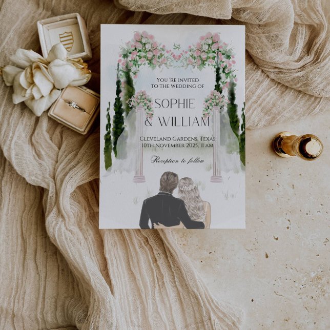 Convite Festa de casamento Elegante de Rosas Brancas e Ros (Criador carregado)