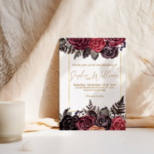 Convite Festa de casamento Elegante Preto e Rosas vermelha