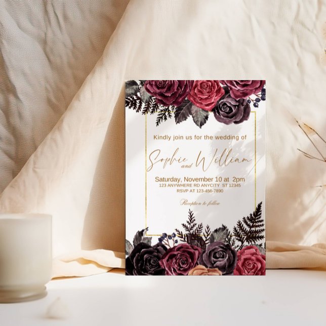 Convite Festa de casamento Elegante Preto e Rosas vermelha (Criador carregado)