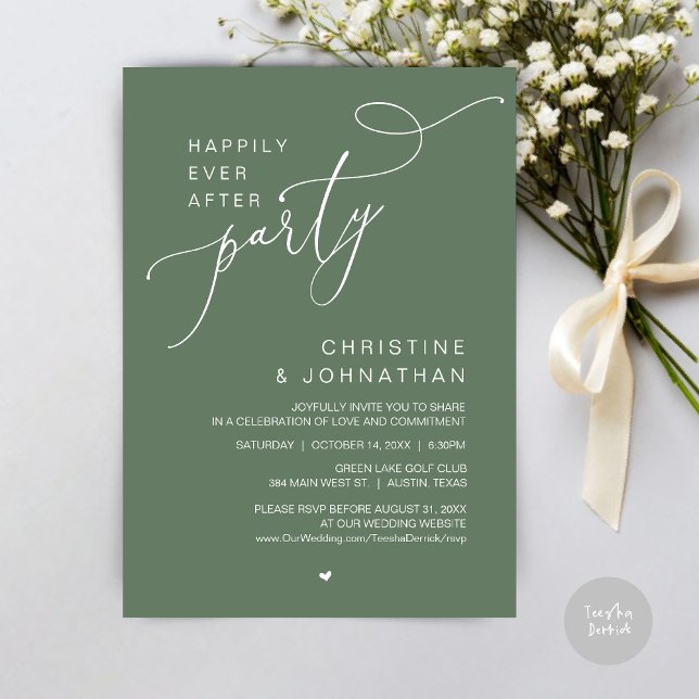 Convite Festa de Casamento Feliz para Sempre Jantar Dança (Happily Ever After Wedding Party Romantic Dinner Dancing Invitation Card, PDF, in Forest Sage Green)