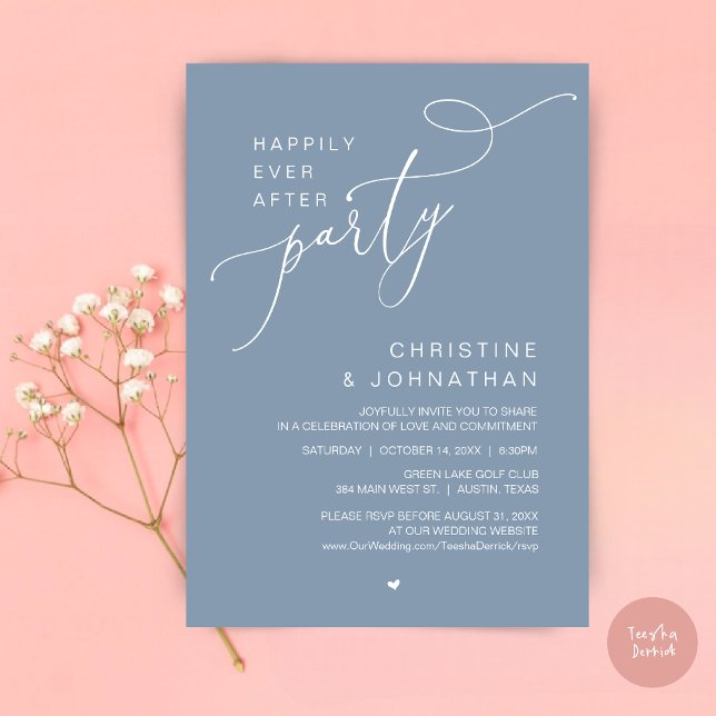 Convite Festa de Casamento Felizes para Sempre Jantar Danç (Happily Ever After Wedding Party Romantic Dinner Dancing Invitation Card, PDF, in Dusty Blue)