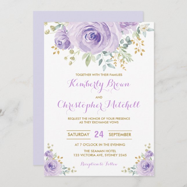 Convite Festa de casamento Floral Lilac Púrpura da Mola de (Frente/Verso)