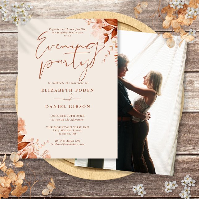 Convite Festa de Casamento Floral Rústica Noturna (Rustic Floral Photo Wedding Evening Party Invitation)