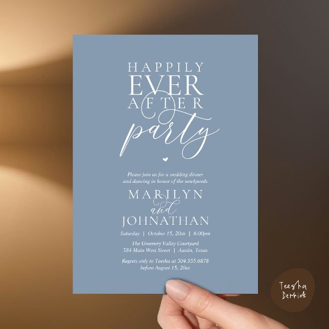 Convite Festa de Casamento Fuga e Jantar Felizes para Semp (Happily Ever After Party Wedding Elopement Dinner Dancing Invitation Card in Dusty Blue)