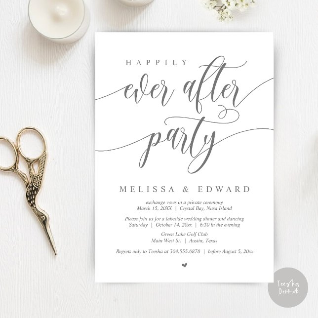 Convite Festa de Casamento Happily Ever After, Cinza Escur (Happily Ever After Elopement Party Invitation Card, PDF, Modern Wedding Dinner, in Dark Grey)